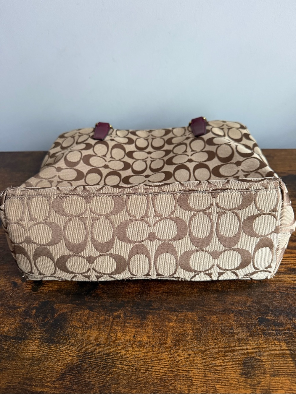 Coach F28504 Signature Stripe Tote Bag Khaki Burgundy Canvas Leather - Picture 8 of 13